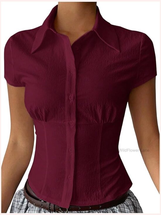 Tops - Cap Sleeve Button Down Shirt Blouse Slim Fit Collared Neck Work Tops